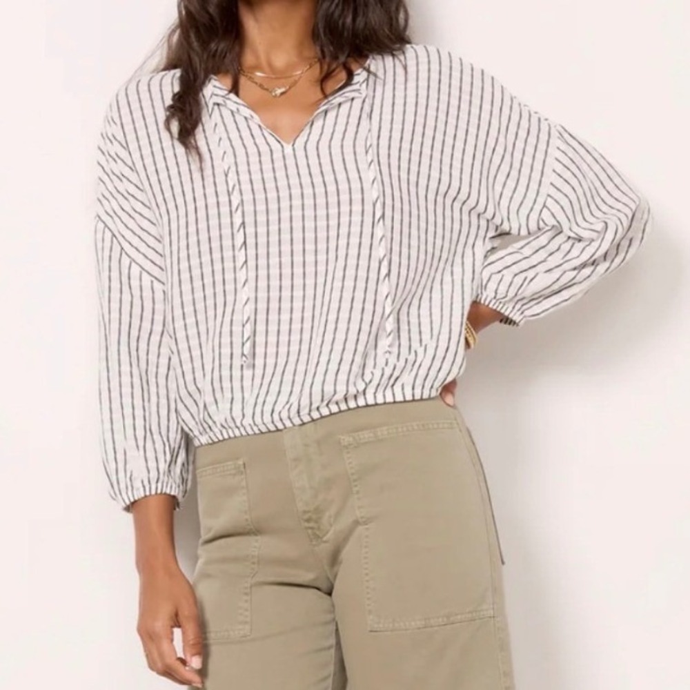 Cloth & Stone Striped V Neck‎ Tie Neck 3/4 Sleeve Blouse Women's Large Relaxed